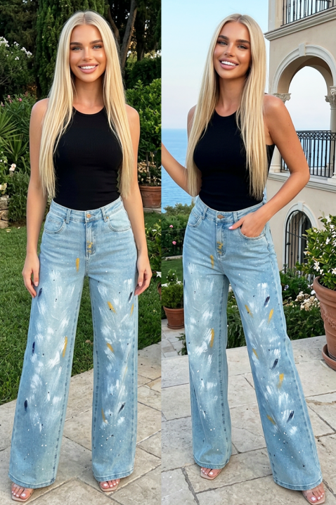 BOMBELA női bő szárú farmer, művészi mintával, Szín: denim, IVET.HU - A te online butikod.