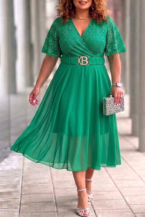 ZEZITA GREEN elegáns midi ruha csipkével, dekoratív övvel, Szín: zöld, IVET.HU - A te online butikod.