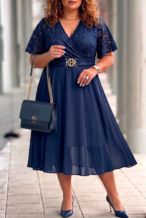 ZEZITA NAVY elegáns midi ruha csipkével, dekoratív övvel, Szín: sötétkék, IVET.HU - A te online butikod.