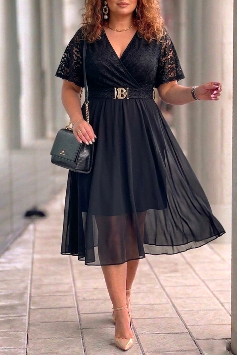 ZEZITA BLACK elegáns midi ruha csipkével, dekoratív övvel, Szín: fekete, IVET.HU - A te online butikod.