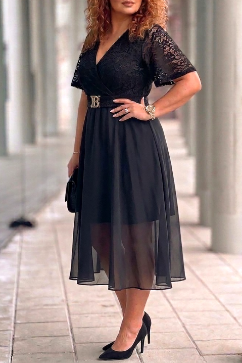 ZEZITA BLACK elegáns midi ruha csipkével, dekoratív övvel, Szín: fekete, IVET.HU - A te online butikod.