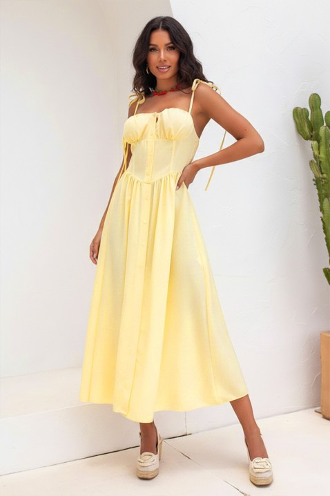 AMELIANSA YELLOW midi ruha fűzős felsőrésszel és megkötővel a vállán, Szín: sárga, IVET.HU - A te online butikod.