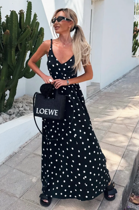 DERIDA BLACK hosszú, pöttyös ruha látványos hátrésszel, Szín: fekete, IVET.HU - A te online butikod.