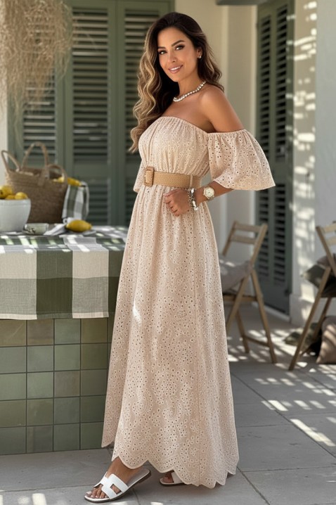 SHERIDANA BEIGE romantikus hosszú ruha áttört hímzéssel, ejtett ujjakkal, Szín: bézs, IVET.HU - A te online butikod.