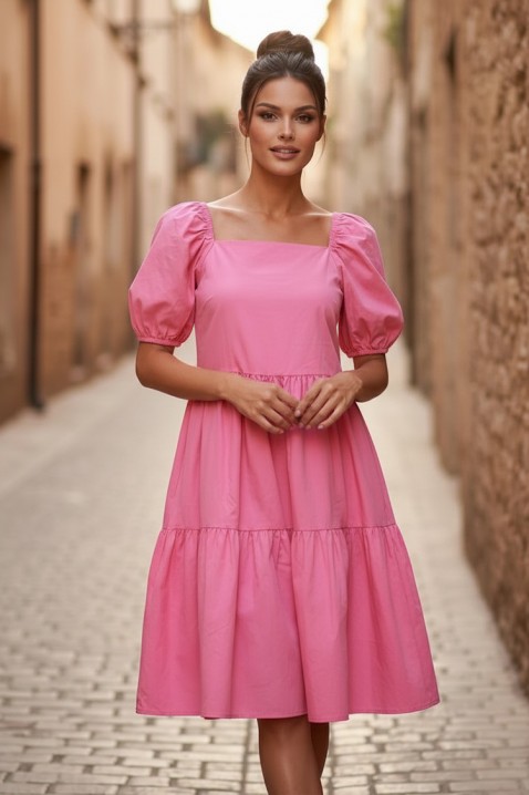 SELENASA PINK bő, trapéz midi ruha szögletes nyakkivágással és bő ujjal, Szín: rózsaszín, IVET.HU - A te online butikod.