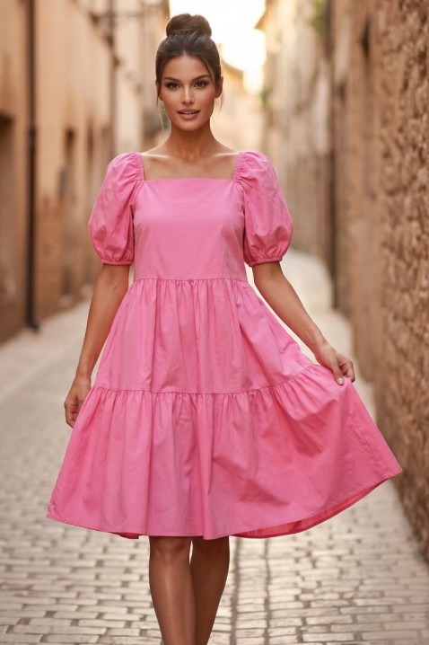 SELENASA PINK bő, trapéz midi ruha szögletes nyakkivágással és bő ujjal, Szín: rózsaszín, IVET.HU - A te online butikod.