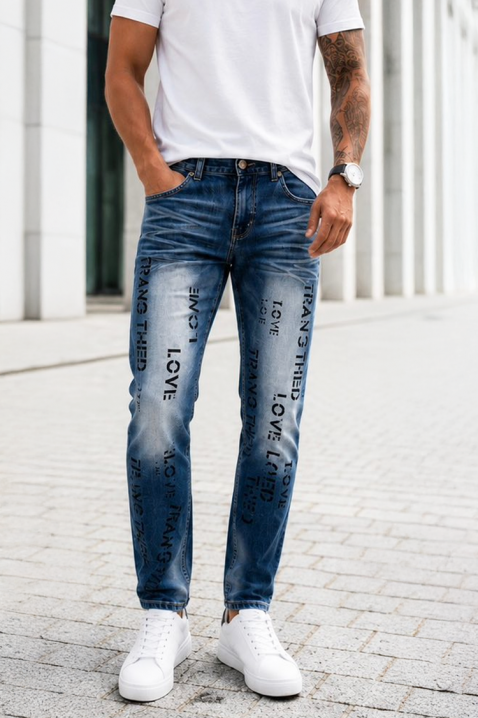 TEDORSO slim fit férfi farmer feltűnő felirattal, Szín: sötétkék, IVET.HU - A te online butikod.