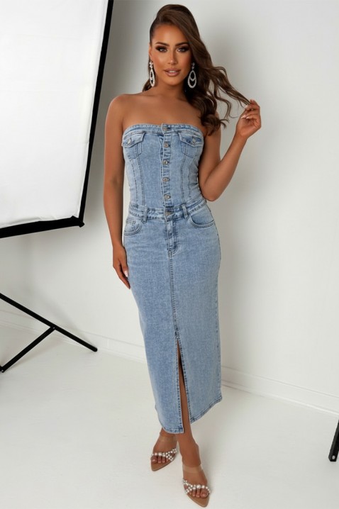 KAITHLYN elegáns farmer midi ruha díszítéssel, szabad vállal, Szín: denim, IVET.HU - A te online butikod.