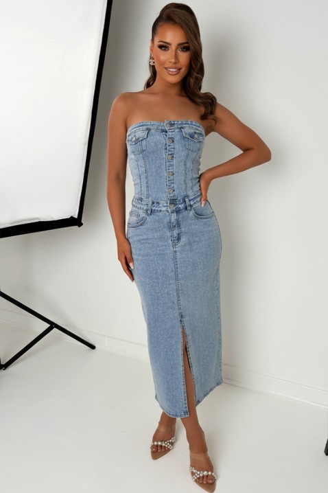 KAITHLYN elegáns farmer midi ruha díszítéssel, szabad vállal, Szín: denim, IVET.HU - A te online butikod.