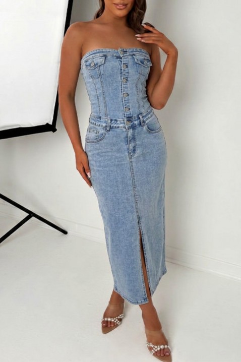 KAITHLYN elegáns farmer midi ruha díszítéssel, szabad vállal, Szín: denim, IVET.HU - A te online butikod.