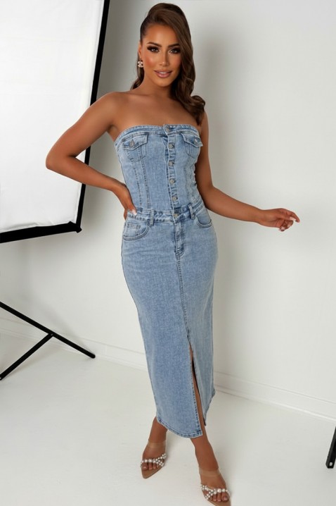 KAITHLYN elegáns farmer midi ruha díszítéssel, szabad vállal, Szín: denim, IVET.HU - A te online butikod.