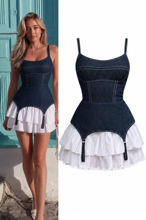 ARIETA rövid farmerruha fűzőhatású, többrétegű szoknyával és harisnyakötős részletekkel, Szín: denim, IVET.HU - A te online butikod.