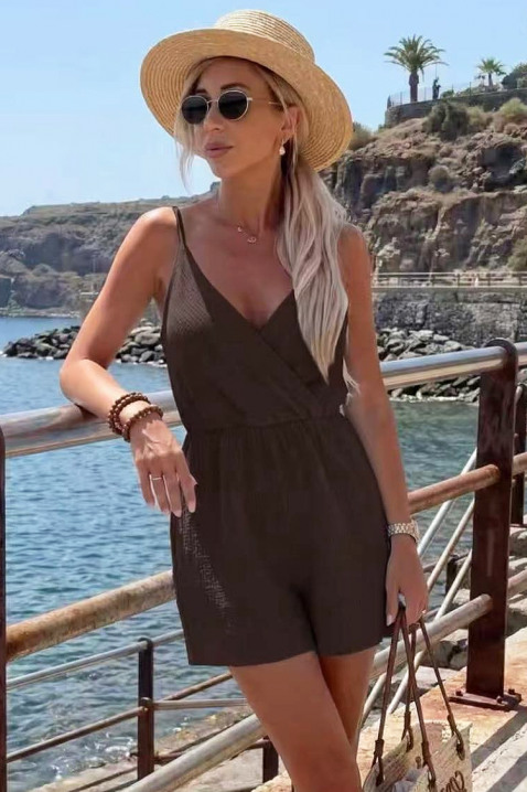 ALMERIA BROWN női rövid overál mélyen dekoltált nyakkivágással és hangsúlyos derékkal, Szín: barna, IVET.HU - A te online butikod.
