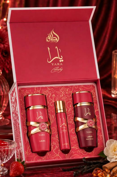Lattafa Yara Candy EDP 100 ml + 12 ml EDP + hajpermet 50 ml női arab szettIVET.HU - A te online butikod.
