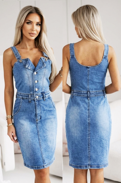 BELARINA farmer ruha dekoratív nyakkivágással és hangsúlyos derékkal, Szín: denim, IVET.HU - A te online butikod.
