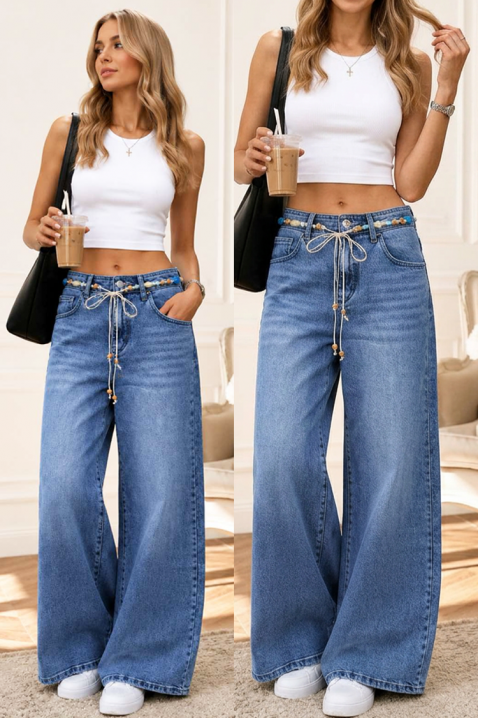 LEONIRDA széles szárú női farmer dekoratív fonott övvel, Szín: denim, IVET.HU - A te online butikod.