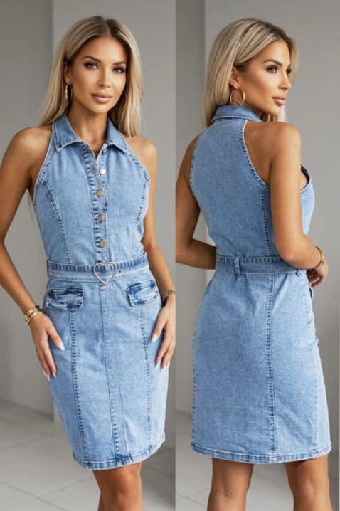 SABRINIA rövid farmer ruha gallérral és hangsúlyos övvel, csattal, Szín: denim, IVET.HU - A te online butikod.