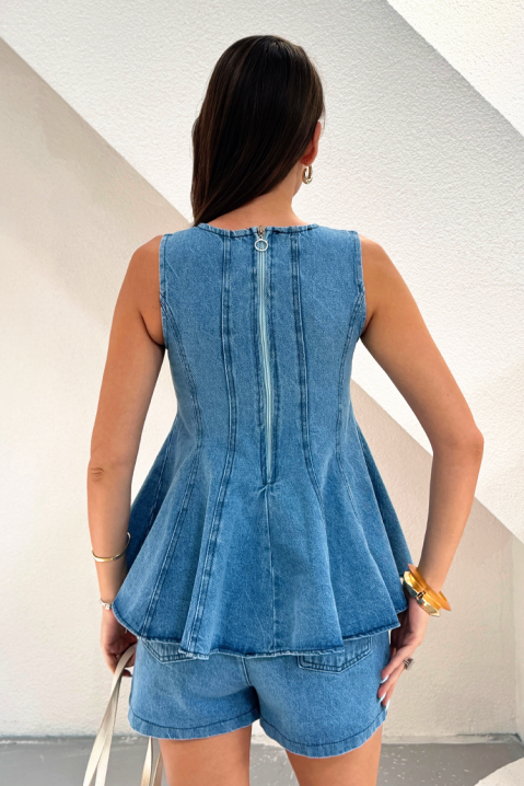 EFORISIA női farmer szett peplum toppal és rövidnadrággal, Szín: denim, IVET.HU - A te online butikod.