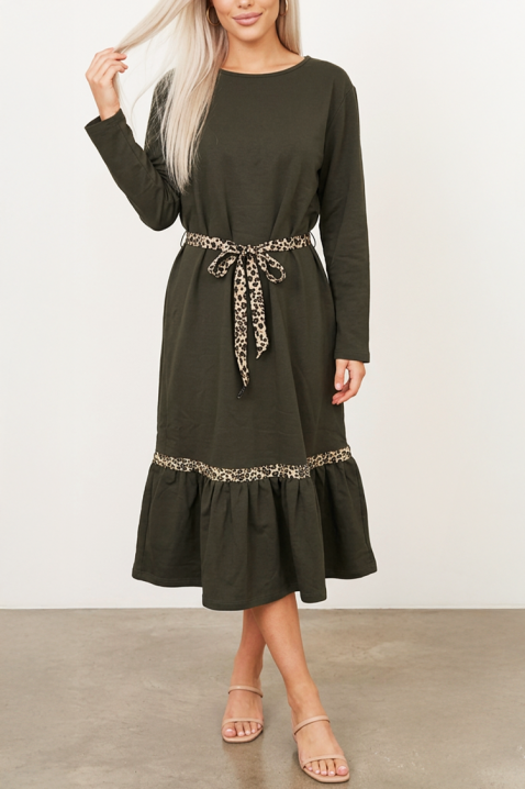 NERAVIA KHAKI midi ruha hosszú ujjakkal, leopárd övvel és fodorral, Szín: khaki, IVET.HU - A te online butikod.
