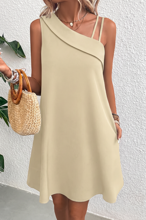 IVRINIA BEIGE elegáns rövid ruha aszimmetrikus dekoltázzsal, bő fazonnal, Szín: bézs, IVET.HU - A te online butikod.