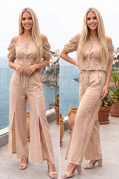 BIANORA BEIGE női nyári szett váll nélküli crop toppal és hasítékos nadrággal, Szín: bézs, IVET.HU - A te online butikod.