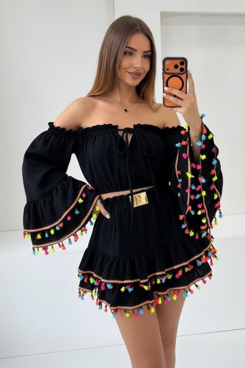 FIESTIA BLACK női boho szett, rövid top látványos ujjal, rojtos miniszoknyával, Szín: fekete, IVET.HU - A te online butikod.