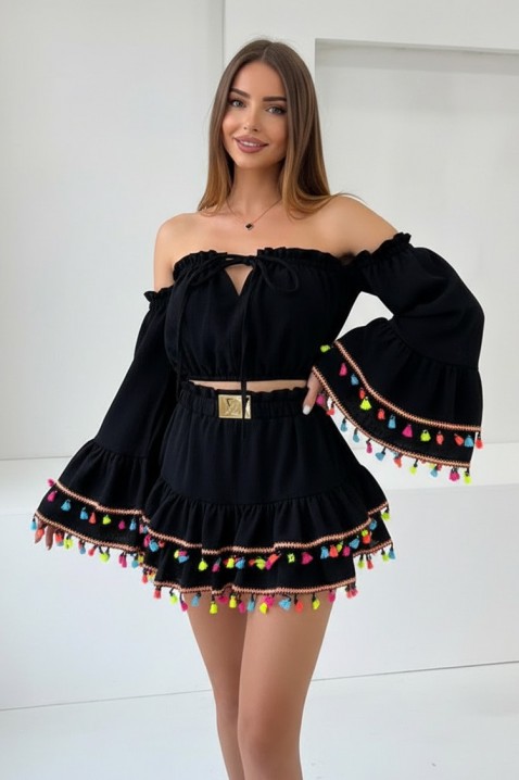 FIESTIA BLACK női boho szett, rövid top látványos ujjal, rojtos miniszoknyával, Szín: fekete, IVET.HU - A te online butikod.