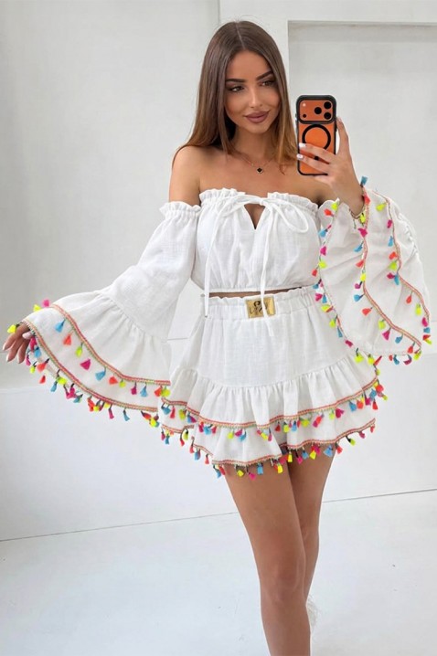 FIESTIA WHITE boho női szett rövid, hangsúlyos ujjú crop toppal és bojtokkal díszített miniszoknyával, Szín: fehér, IVET.HU - A te online butikod.