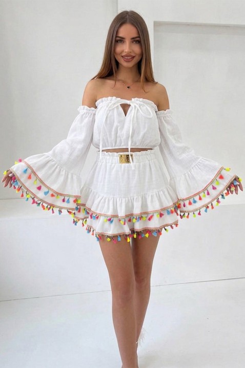 FIESTIA WHITE boho női szett rövid, hangsúlyos ujjú crop toppal és bojtokkal díszített miniszoknyával, Szín: fehér, IVET.HU - A te online butikod.
