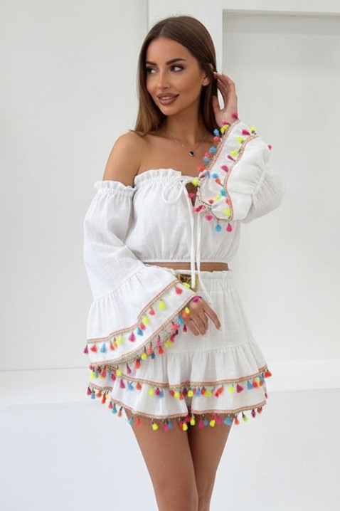 FIESTIA WHITE boho női szett rövid, hangsúlyos ujjú crop toppal és bojtokkal díszített miniszoknyával, Szín: fehér, IVET.HU - A te online butikod.