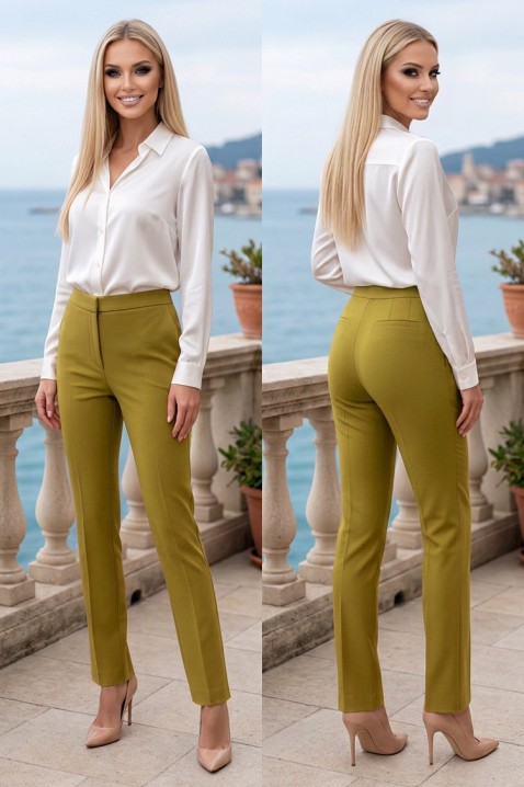 VERALINA OLIVE elegáns női nadrág magas derékkal és egyenes szabással, Szín: olívazöld, IVET.HU - A te online butikod.