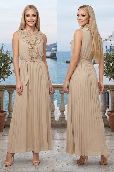 VAVETA BEIGE elegáns ruha övvel és fodrokkal, Szín: bézs, IVET.HU - A te online butikod.