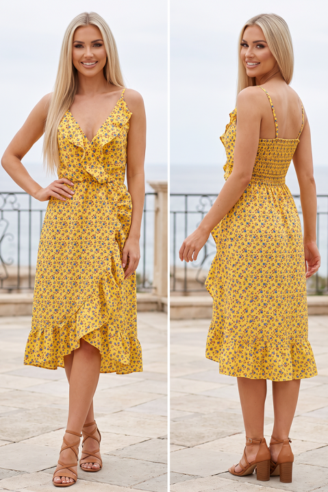 SAINA YELLOW légies ruha fodrokkal és boho virágmintával, Szín: sárga, IVET.HU - A te online butikod.
