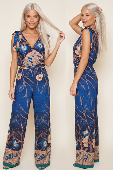 FLORAVENA BLUE látványos hosszú overál virágmintával és vállon köthető pántokkal, Szín: kék, IVET.HU - A te online butikod.