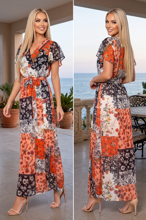 FIORISCA ORANGE lenyűgöző, hosszú ruha gazdag virágos patchwork mintával és romantikus, rövid ujjakkal, Szín: multicolor, IVET.HU - A te online butikod.