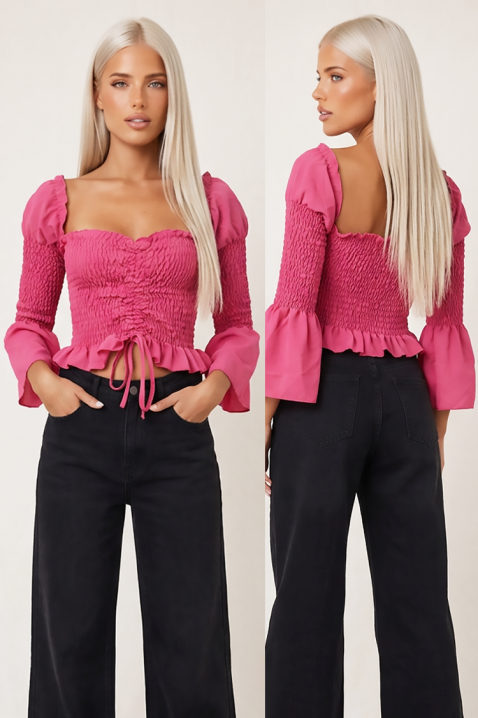 ZEFIRAVIA PINK kokett, rövid női blúz ráncolt hatással és bővülő ujjakkal, Szín: rózsaszín, IVET.HU - A te online butikod.