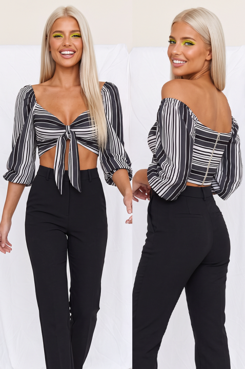KAVENA BLACK női csíkos crop top megkötővel és puffos ujjakkal, Szín: fekete és fehér, IVET.HU - A te online butikod.