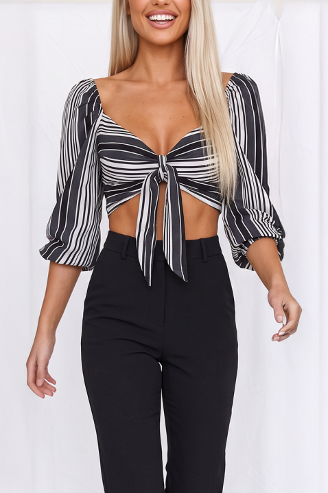 KAVENA BLACK női csíkos crop top megkötővel és puffos ujjakkal, Szín: fekete és fehér, IVET.HU - A te online butikod.