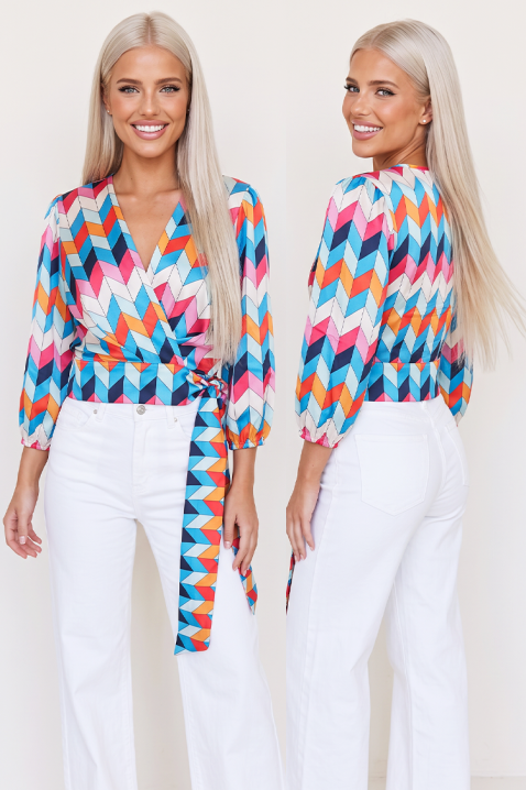 ZELVORIA BLUE geometrikus mintás, bő ujjú női blúz, Szín: multicolor, IVET.HU - A te online butikod.