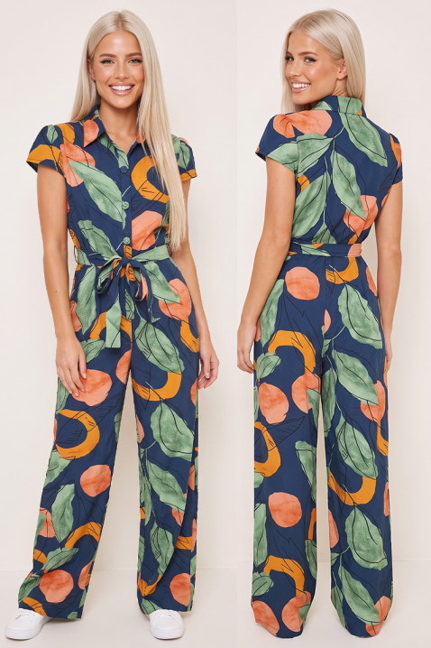 ORANVESA NAVY művészi, hosszú női overál lenyűgöző trópusi mintával és elegáns inggallérral, Szín: multicolor, IVET.HU - A te online butikod.