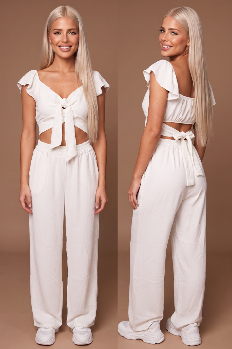 SVENSELA WHITE nyári, két részes női szett: bő szárú nadrág és megkötős crop top, Szín: fehér, IVET.HU - A te online butikod.