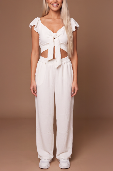 SVENSELA WHITE nyári, két részes női szett: bő szárú nadrág és megkötős crop top, Szín: fehér, IVET.HU - A te online butikod.