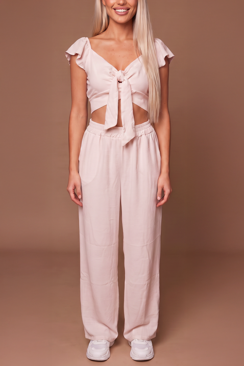 SVENSELA PUDRA nyári, két részes női szett: bő szárú nadrág és megkötős crop top, Szín: púderrózsaszín, IVET.HU - A te online butikod.