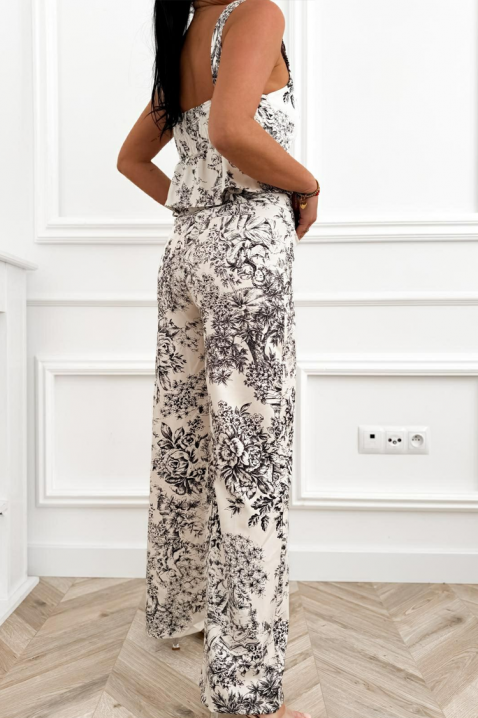 ELOSIANA BLACK peplum topból és bő szárú nadrágból álló női szett virágmintával, Szín: fekete, IVET.HU - A te online butikod.