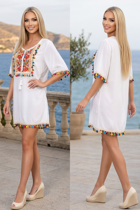 EROSALIA WHITE boho tunika ruha etno hímzéssel és színes bojtokkal, Szín: fehér, IVET.HU - A te online butikod.