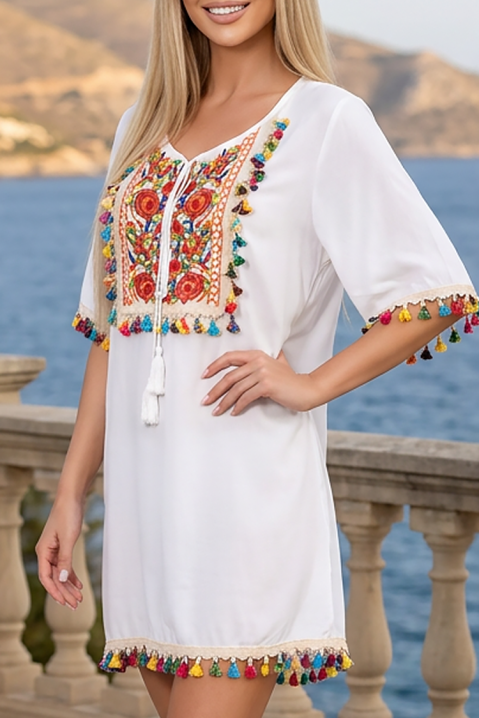 EROSALIA WHITE boho tunika ruha etno hímzéssel és színes bojtokkal, Szín: fehér, IVET.HU - A te online butikod.