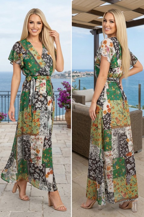 FIORISCA GREEN lenyűgöző hosszú ruha gazdag virágos patchwork mintával és romantikus rövid ujjakkal, Szín: multicolor, IVET.HU - A te online butikod.
