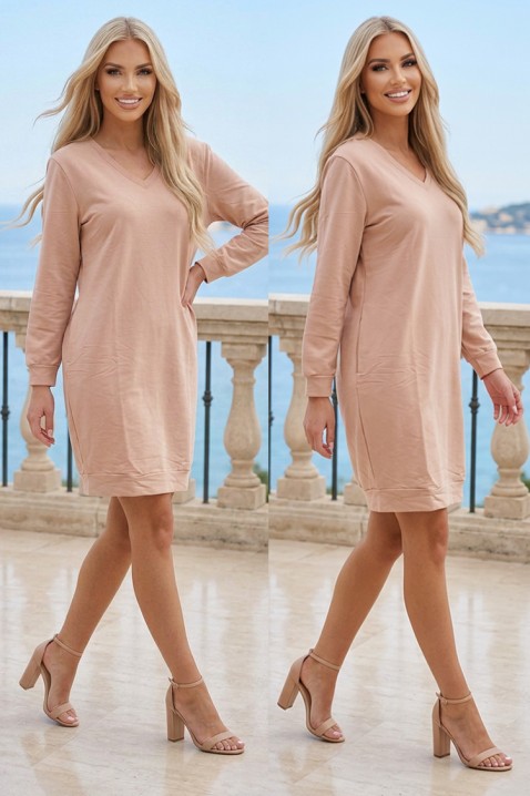 SPORTISA BEIGE sportos-elegáns ruha V-alakú kivágással és hosszú ujjal, Szín: bézs, IVET.HU - A te online butikod.
