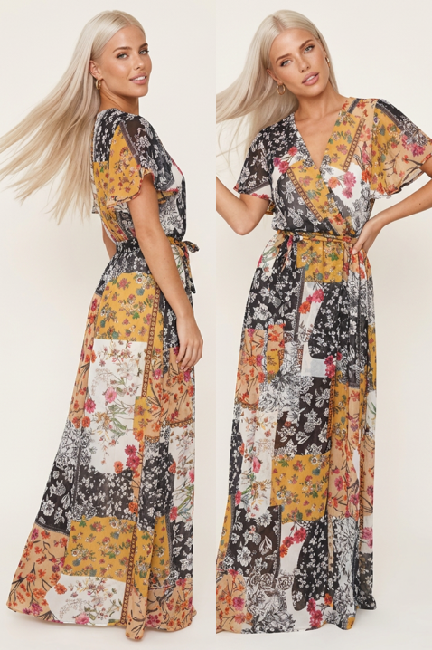 FIORISCA YELLOW lenyűgöző, hosszú ruha gazdag virágos patchwork mintával és romantikus rövid ujjakkal, Szín: multicolor, IVET.HU - A te online butikod.