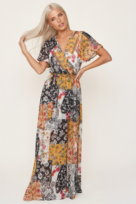 FIORISCA YELLOW lenyűgöző, hosszú ruha gazdag virágos patchwork mintával és romantikus rövid ujjakkal, Szín: multicolor, IVET.HU - A te online butikod.